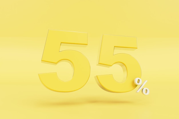 55% 할인 노란색 숫자 55 및 노란색 배경 3D 렌더링의 흰색 퍼센트