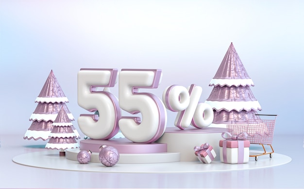 소셜 미디어 프로모션 포스터 3d 렌더링을 위한 55% 겨울 특별 제공 할인 배경