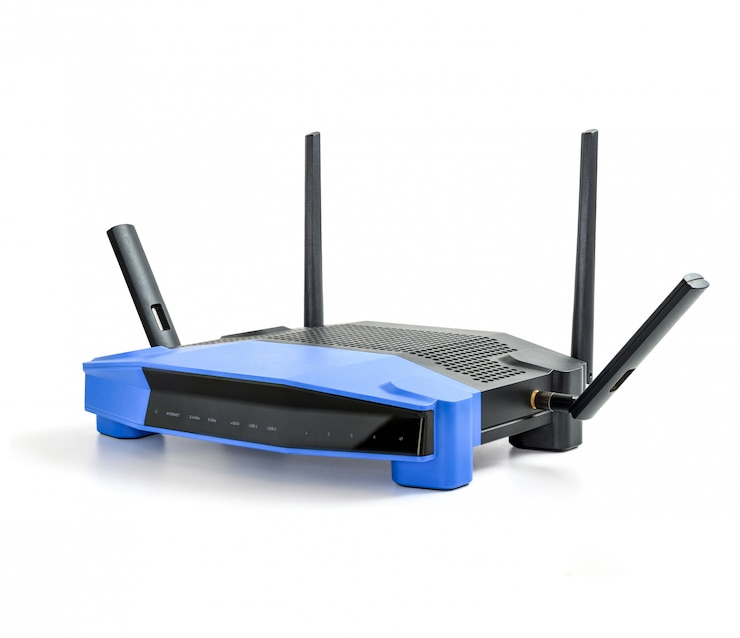 Foto 5g, 2.4g moderne draadloze wifi-router op geïsoleerde witte achtergrond met het knippen van weg.