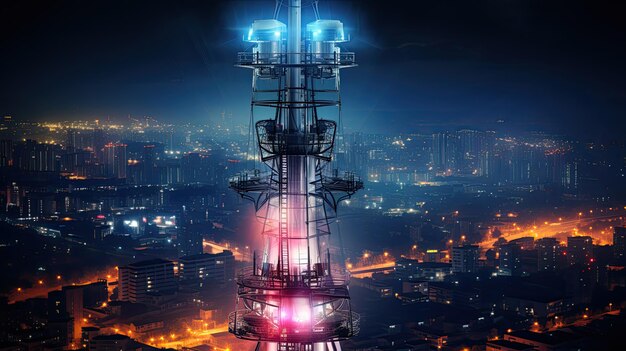 5G anthenna over big city illuminated at night