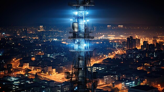 5G anthenna over big city illuminated at night