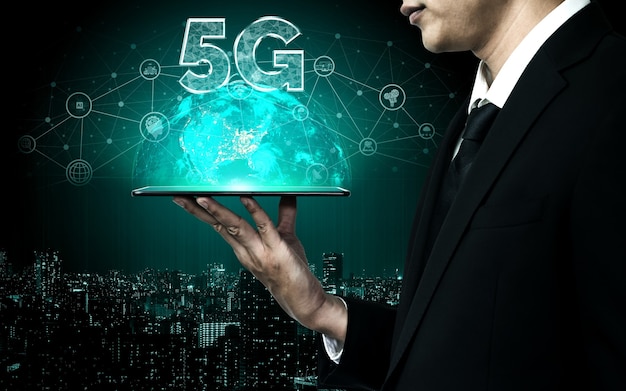 Технология связи 5G Беспроводная сеть Интернет для глобального роста бизнеса, социальных сетей, цифровой электронной коммерции и развлечений для домашнего использования.