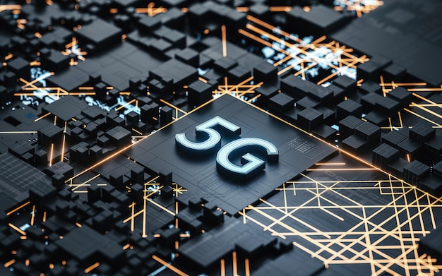 写真 黒の背景の 3 d レンダリングと 5 g 通信技術