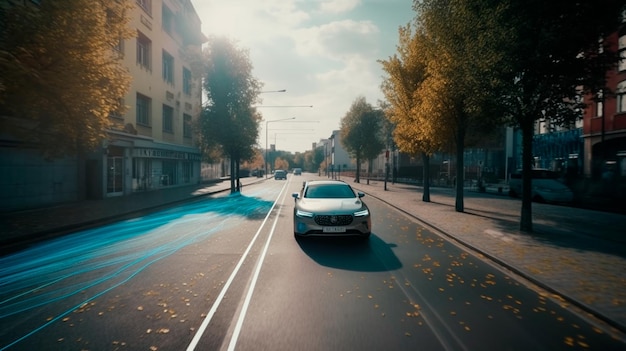 5G datastroom autonoom rijden over een straat in een landschap Generatieve AI