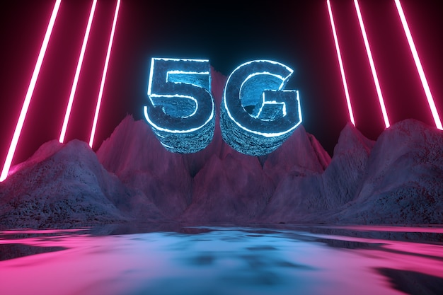 5G futuristic concept. Modern neon abstract. Reflection of light on a wet surface. 3d render