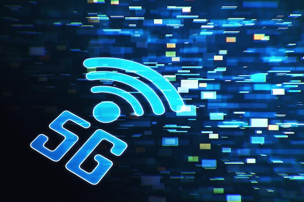 흐릿한 바탕 화면에 5G 글리치 아이콘 홀로그램