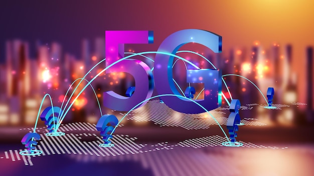 Concetto di internet ad alta velocità 5g, tecnologia wireless di rete 5g sullo sfondo della città, rendering 3d