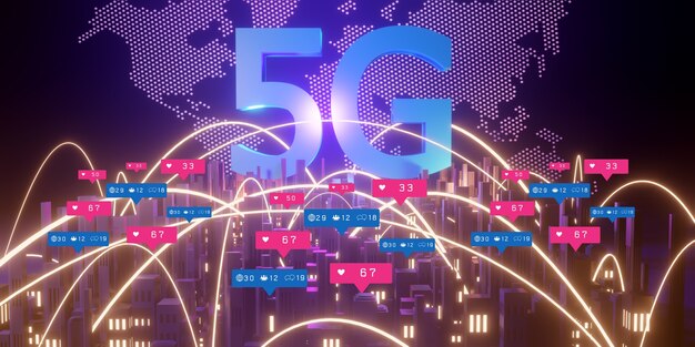 写真 5g高速インターネットのコンセプト、都市の背景にある5gネットワークワイヤレステクノロジー、3dレンダリング