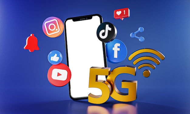 5G 가장 인기있는 소셜 미디어 Instagram Facebook Tiktok Youtube 아이콘.