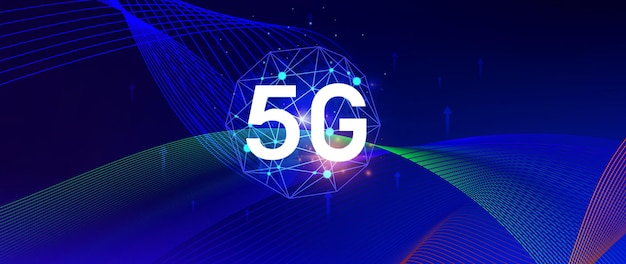 5G ネットワークコンセプト - 背景のホログラフィック・デジタル・グローブと相互接続された5G シンボル - 現代のビジネスとコミュニケーションのデジタル変革における5G 技術