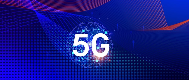 5G ネットワークコンセプト - 背景のホログラフィック・デジタル・グローブと相互接続された5G シンボル - 現代のビジネスとコミュニケーションのデジタル変革における5G 技術