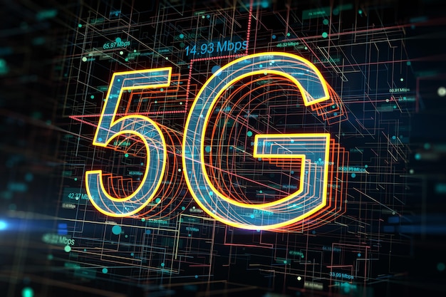 Концепция сети 5G высокоскоростной мобильный интернет и сети нового поколения с цифровыми светящимися символами и индикаторами скорости на абстрактном технологическом фоне 3D рендеринга