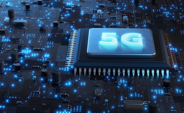 5G 네트워크 프로세서 3D 렌더링 5G 로고와 빛나는 회로 배경이 있는 컴퓨터 마더 보드 칩 중앙 컴퓨터 프로세서 CPU 5G 기술 개념