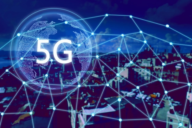 5G 네트워크 무선 시스템 아름다운 도시 경관과 네트워크 연결선