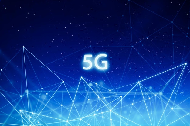 5G 네트워크 무선 시스템 및 우주 배경에 추상 연결된 점 무선 통신 네트워크가 있는 사물의 인터넷