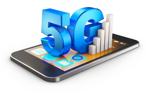 5G 기호 및 흰색 배경에 스마트 폰입니다. 3d 렌더링.