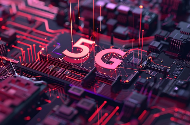 5G Technology Landscape Detailbeeld van een 5G-circuitboard verlicht met dynamische verlichting om highspeed connectiviteit en geavanceerde technologie te symboliseren