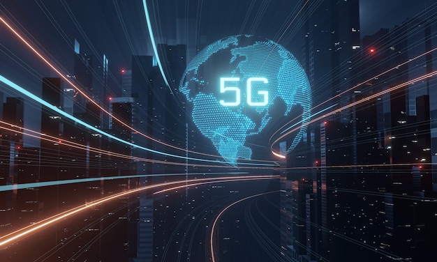 Текст 5G и голограмма планеты Земля среди башен в мегаполисе