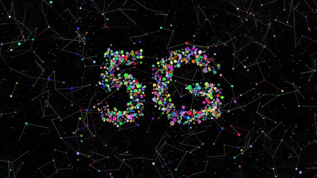 5g title made of circles with random colors. Plexus elements around it. Technology colorful background.