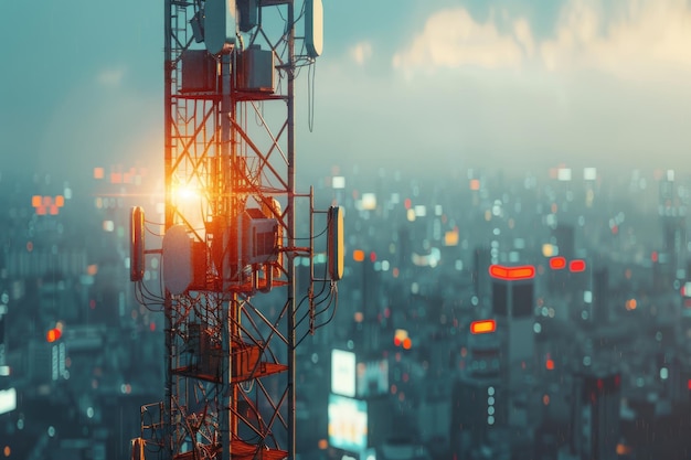 Башня 5G в городе символизирует глобальное подключение к интернету