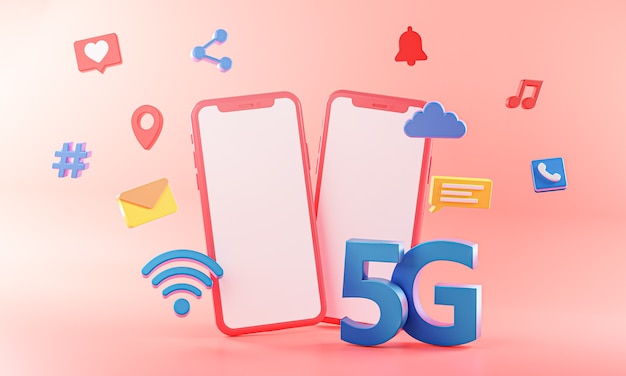 5G Two Phone Concept Wifi Connection With Icons 3D Rendering.