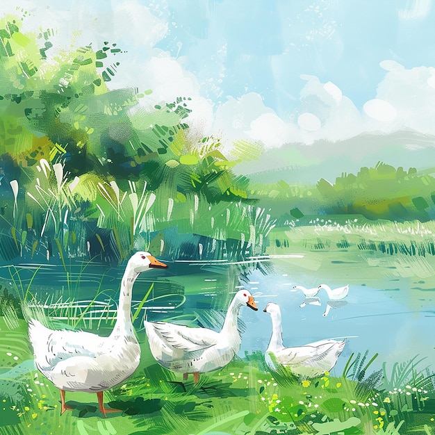 5m 배경 그림 초록 잔디 강 몇 개의 큰  거위 그림 느낌