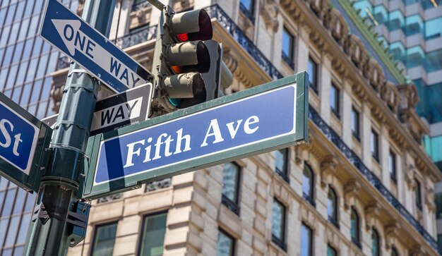 5th ave Manhattan New York downtown Blue color street signs