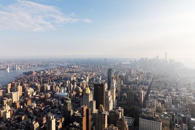 5th Avenue, Flatiron Building and Madison Square Park. Manhattan midtown and downtown viewed from top of Empire State Building. Birds eye view