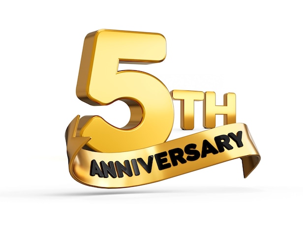 그림자 3d 삽화가 있는 흰색 배경의 금색 5주년 또는 5주년