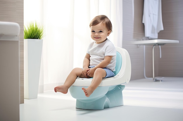 A 5yearold boy using the bathroom sitting on a white toilet learning how to do it alone