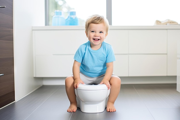 A 5yearold boy using the bathroom sitting on a white toilet learning how to do it alone