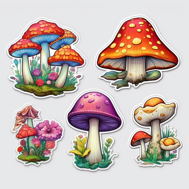 6 different stickers with mushrooms and colorful with white edge background
