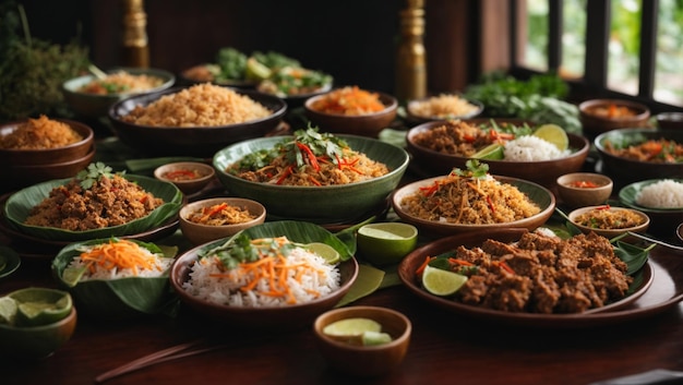 6 dishs of thai food in the table see on top of table