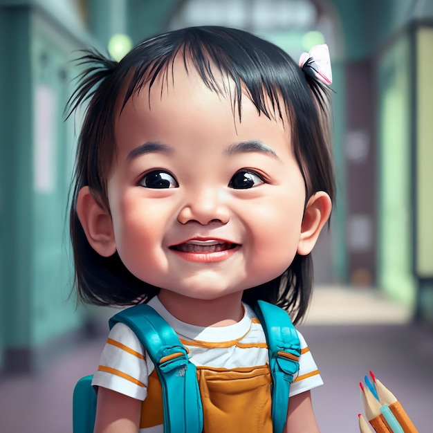 6 een glimlachend Aziatisch baby meisje en het dragen van een school tas 3d gerenderde tekst zegt School begin