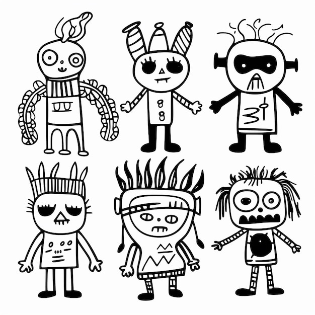 Photo a 6 evil different childrens dolls if hand drawn by combining white background