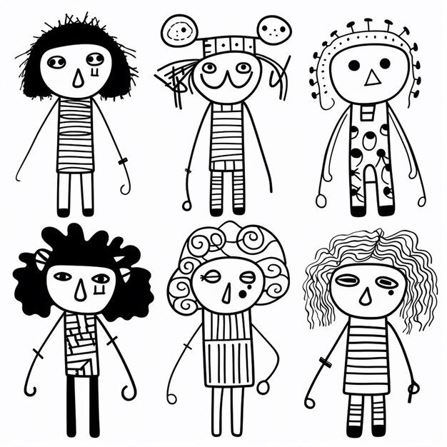 Photo a 6 evil different childrens dolls if hand drawn by combining white background