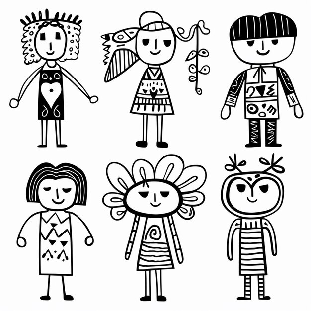 Photo a 6 evil different childrens dolls if hand drawn by combining white background