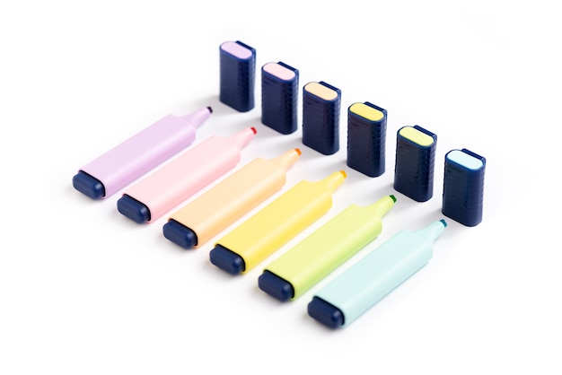 6 Pastel highlighters on white background without cap