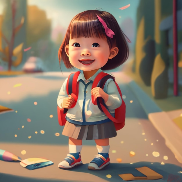 6 a smiling Asian baby girl and carrying a school bag 3d rendered text says School start