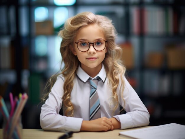 6 year girl white cute boy dressed as a Teacher working at his place of work