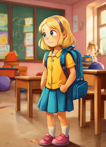 Photo a 6 year old blonde girl carrying a school bag in a classroom and she is sad