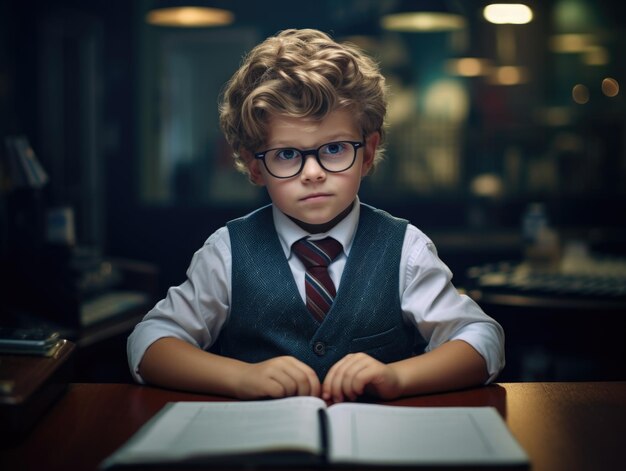 6 year old white cute boy dressed as a Teacher working at his place of work