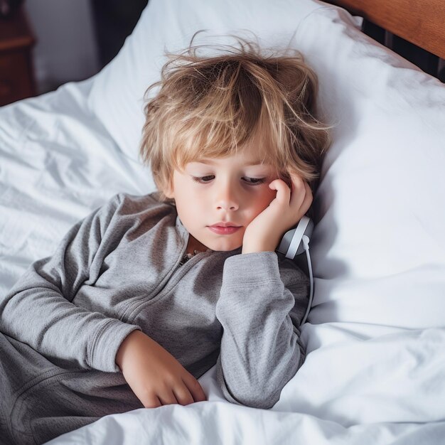 Photo 6 years old boy on the phone on lying in bed slacker