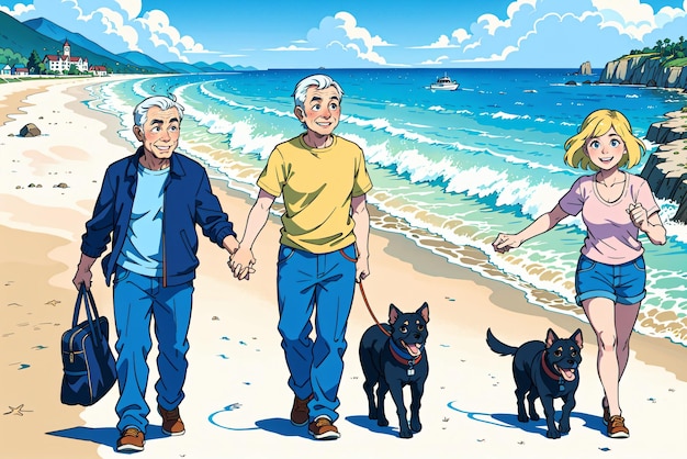 60-jarig stel dat een hond uitlaat op het strand