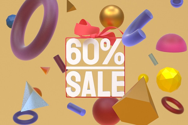 60% sale with bow and ribbon 3d design on abstract geometry background