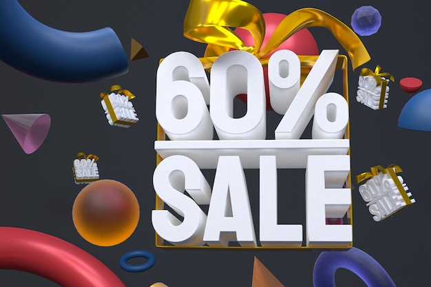 60% sale with bow and ribbon 3d design on abstract geometry background
