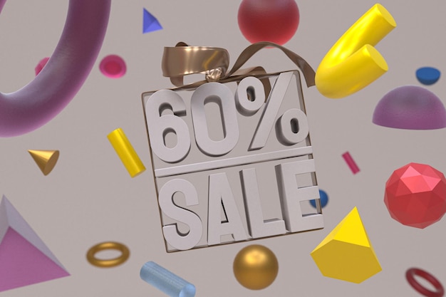 60% sale with bow and ribbon 3d design on abstract geometry background