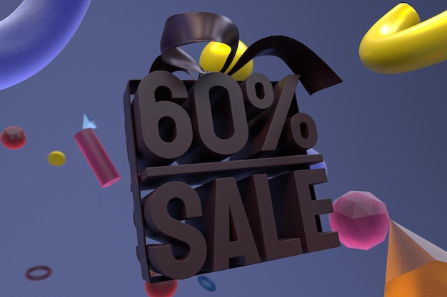 60% sale with bow and ribbon 3d design on abstract geometry background