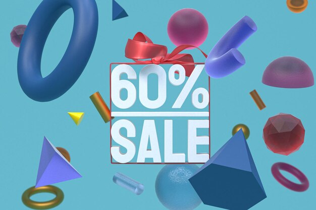 60% sale with bow and ribbon 3d design on abstract geometry background