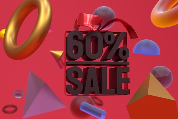 60 sale with bow and ribbon 3d design on abstract geometry background